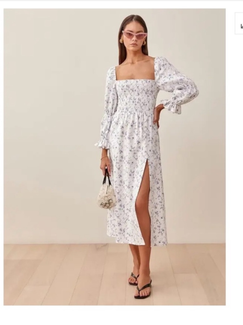 REFORMATION Linen Square-Neck Floral Midi Dress in White